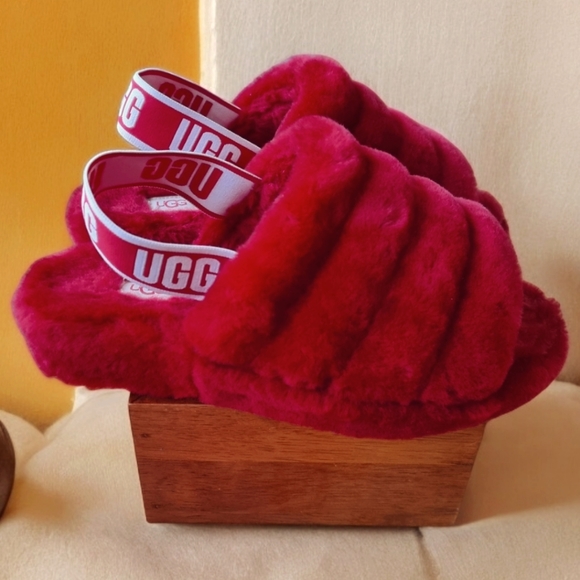 UGG Fluff Yeah Slide Red Ribbon ❤️Slingback Shoes Slippers Sandals Size 8 Women - Picture 2 of 9